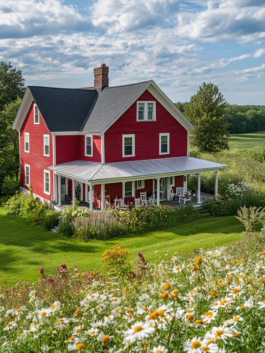 A red two-story house with a wraparound porch sits amid green grass and wildflowers under a partly cloudy sky.