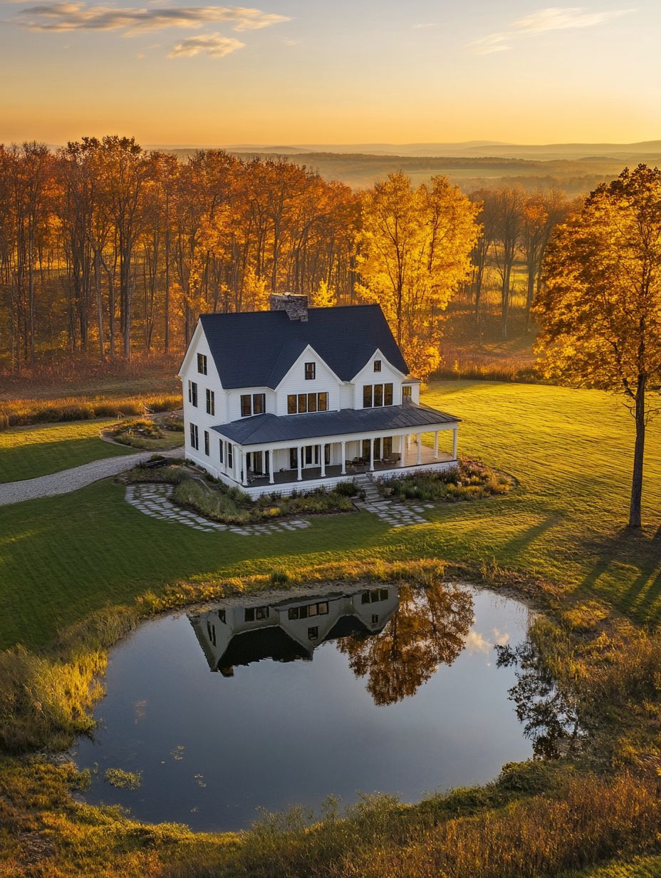 A white two-story house with a wraparound porch is situated by a small pond, surrounded by autumn trees and a grassy lawn at sunset.