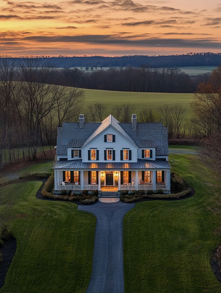 A large, white two-story house with a front porch, surrounded by green lawn and trees, sits under a colorful sunset sky in a rural landscape.