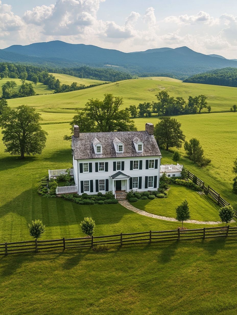 A white two-story house with dark shutters sits on a large, manicured lawn, surrounded by a wooden fence and rolling green hills with mountains in the background.
