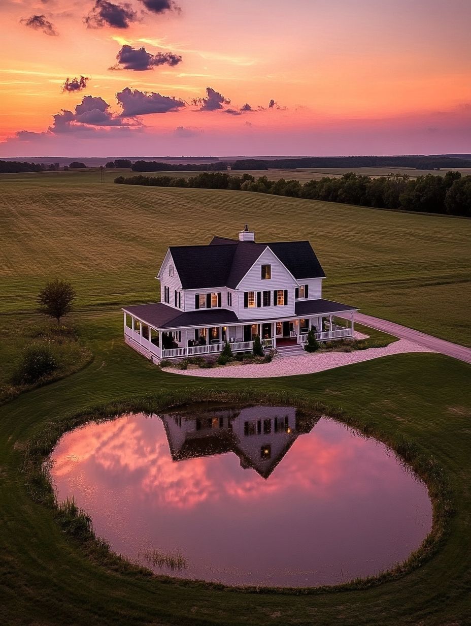 A white two-story farmhouse with a wraparound porch stands by a small pond, reflecting the house at sunset, surrounded by open fields.
