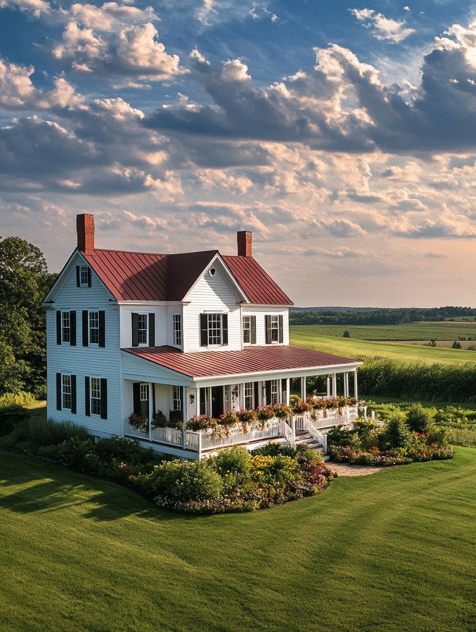 A white two-story farmhouse with a red roof and wraparound porch sits surrounded by a well-kept lawn, colorful garden, and open fields under a partly cloudy sky.
