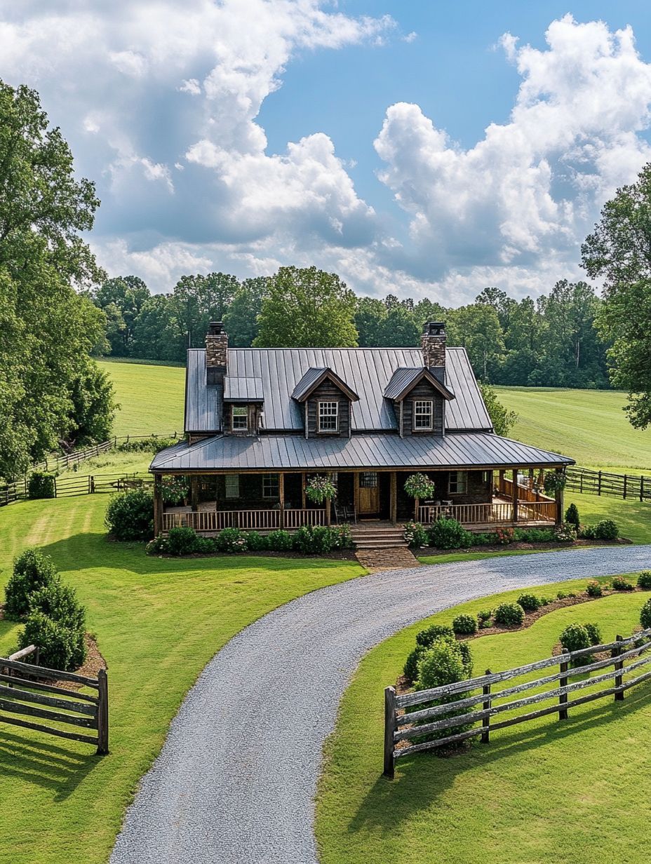 A rustic farmhouse with a metal roof and wraparound porch sits amid lush green lawns and fields, bordered by a gravel driveway and wooden fences under a partly cloudy sky.
