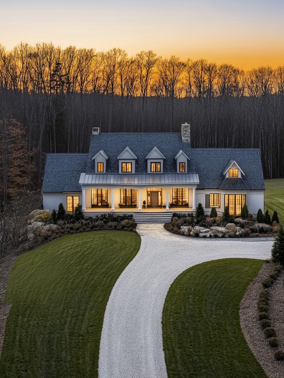 A large house with dormer windows and a front porch stands at the end of a curved gravel driveway, surrounded by manicured lawns and trees at sunset.