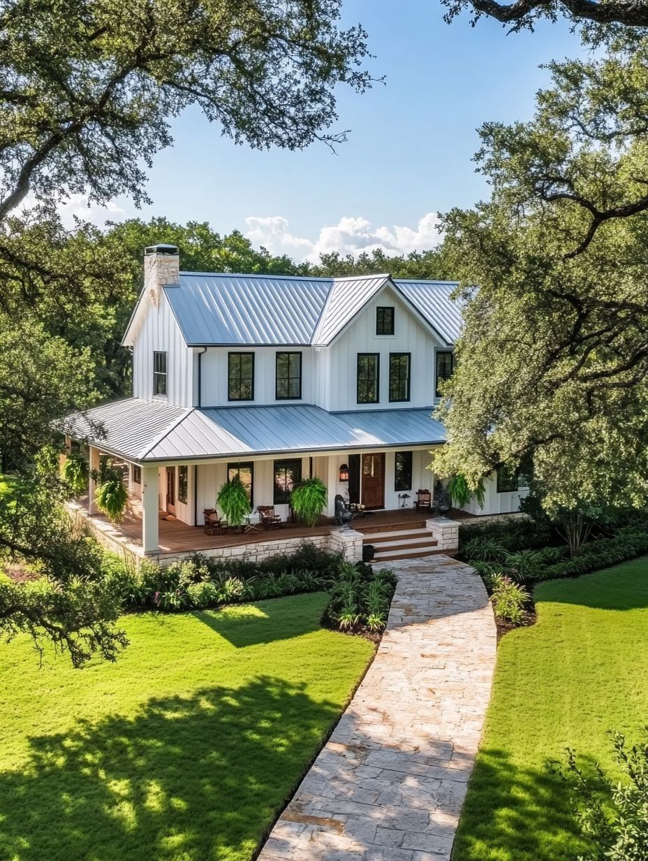 A white two-story farmhouse with a metal roof, wraparound porch, and manicured lawn, bordered by large trees and a stone walkway leading to the entrance.