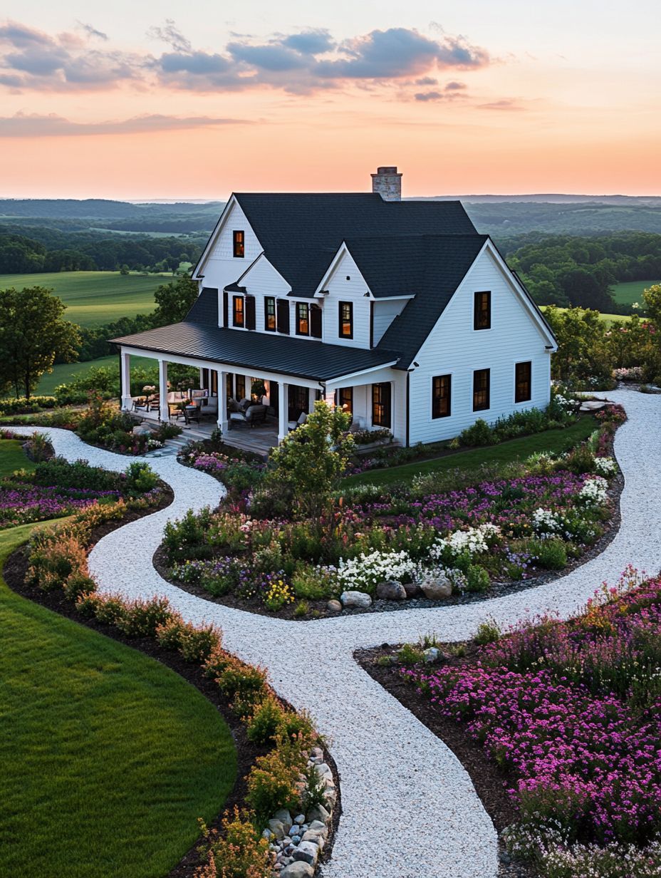 White two-story house with dark roof, wraparound porch, and lit windows, surrounded by curved gravel paths and colorful flower gardens at sunset.