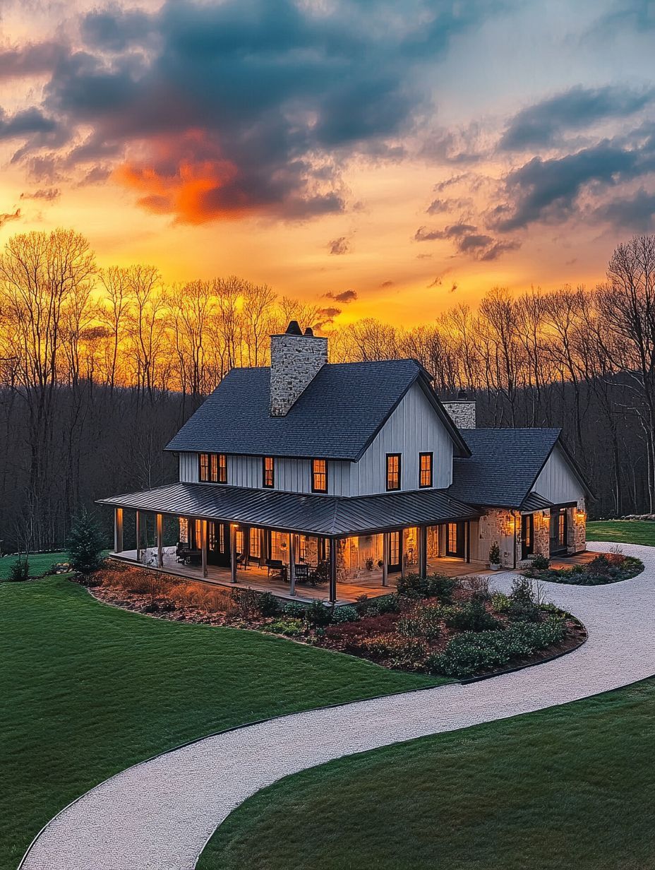 Two-story farmhouse with wraparound porch and stone chimney, surrounded by manicured lawn, at sunset with a winding gravel driveway and bare trees in the background.