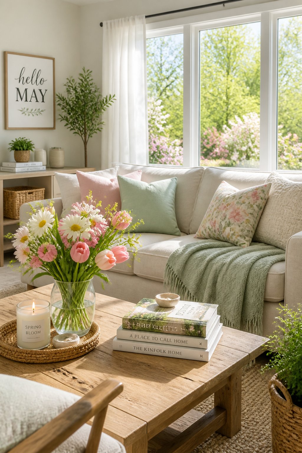A living room with a sofa, coffee table, and window view.
