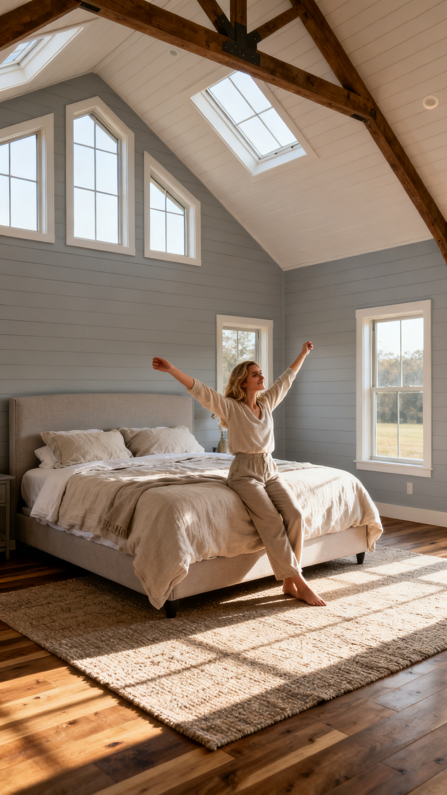 European woman in a primary bedroom with vaulted ceiling and dormer windows in a Georgia barndominium