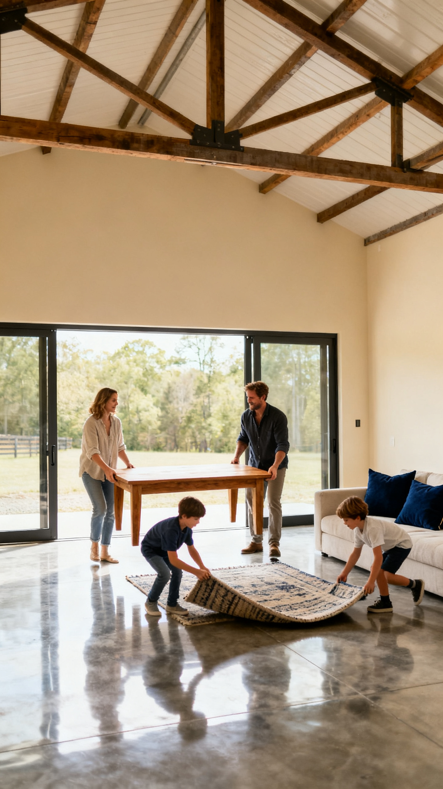 European family arranging furniture in a bright open floor plan of a Georgia barndominium