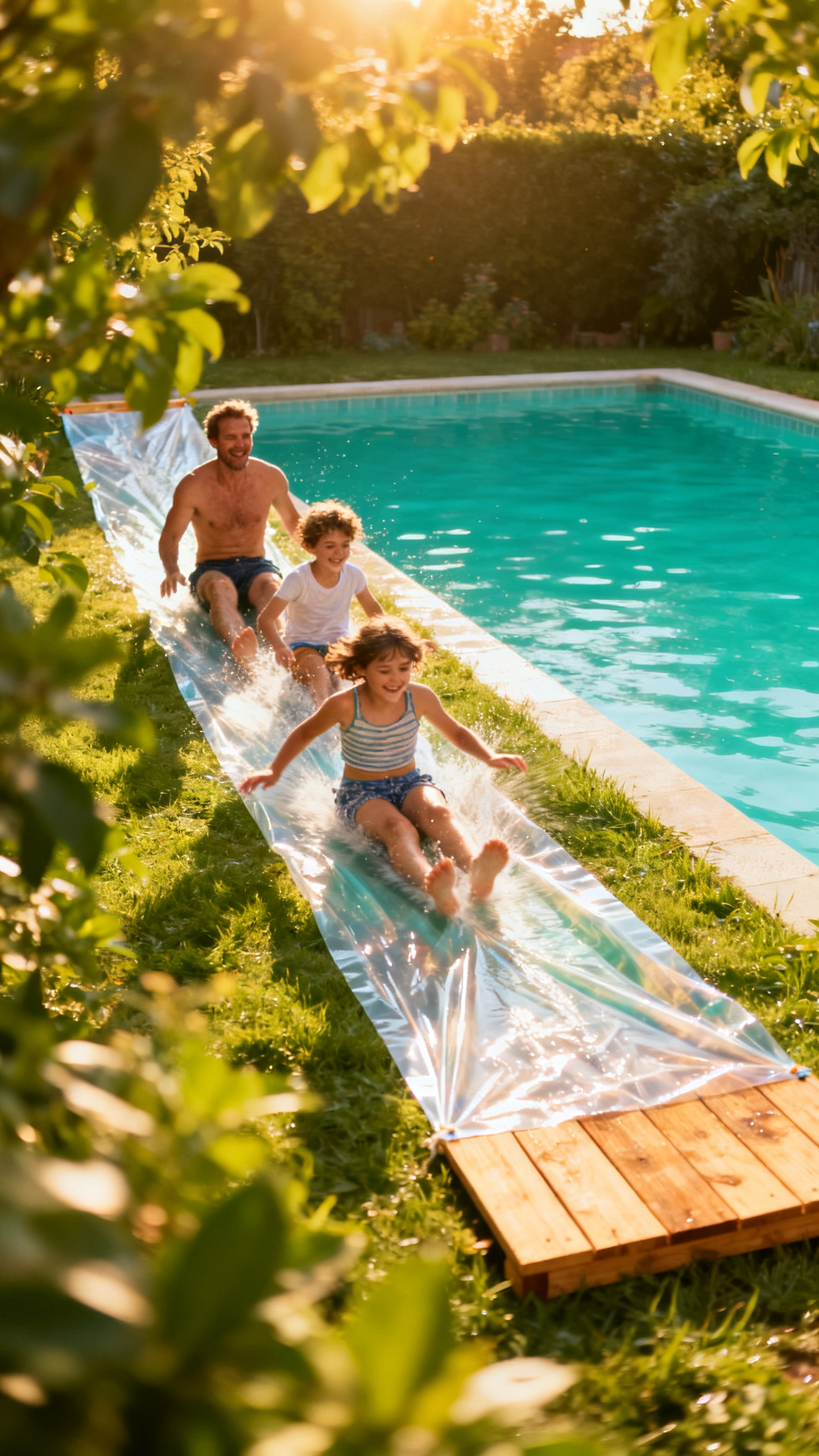 European child sliding down DIY slip and slide ramp into pool