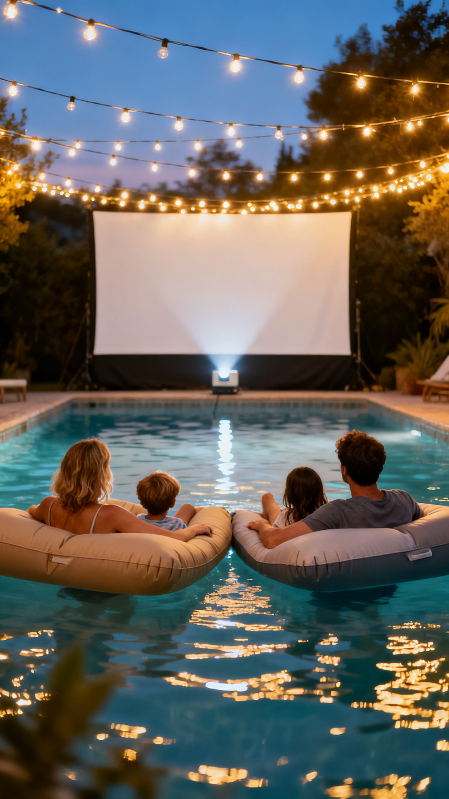 European family watching a movie on pool floats in backyard pool