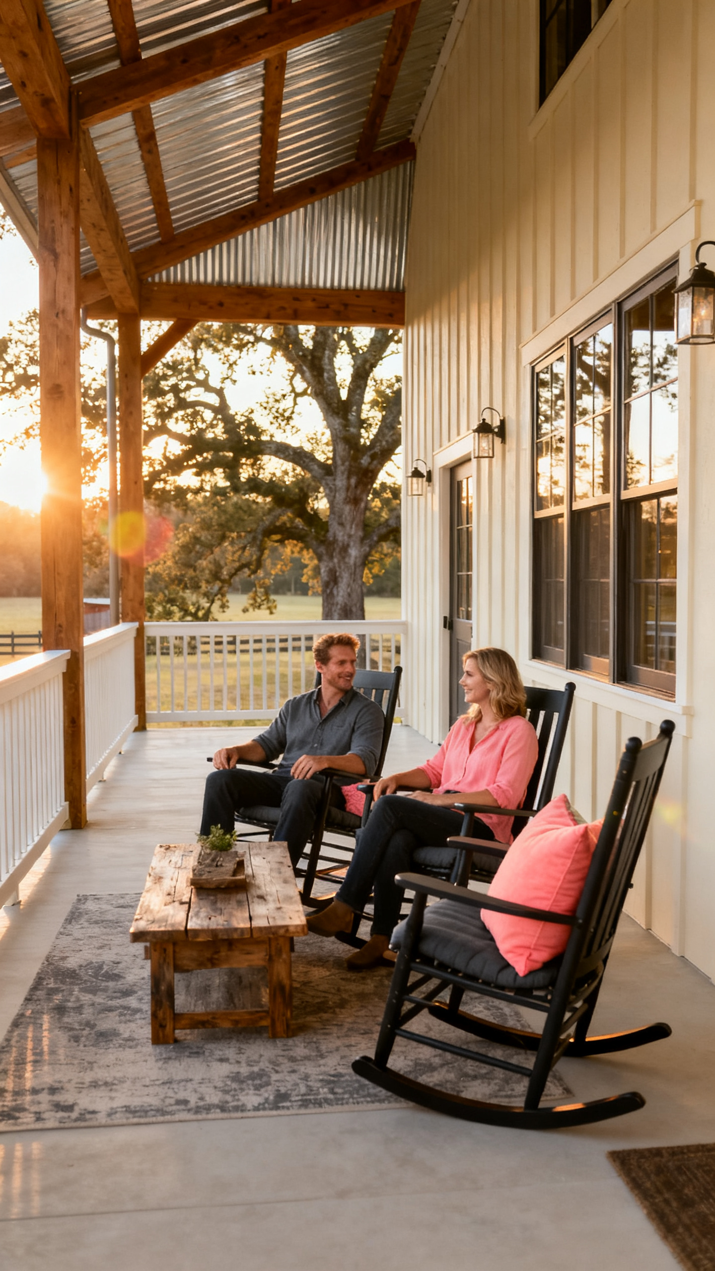 European couple on a wraparound porch of a Georgia barndominium with metal roof, warm wood beams and cream siding