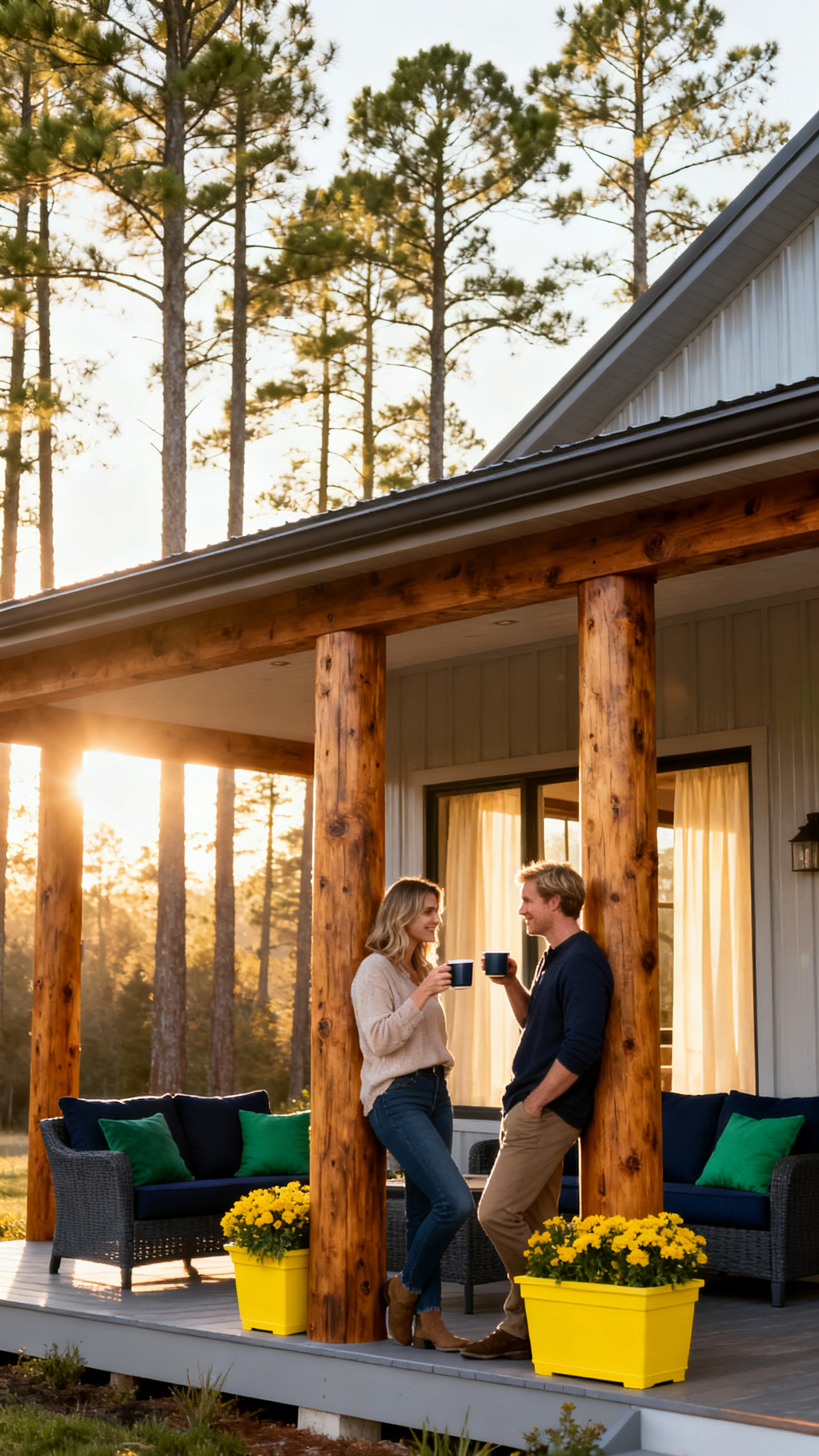 A man and woman stand on a wooden porch with coffee mugs, surrounded by outdoor furniture and yellow potted flowers, with tall pine trees in the background at sunset.