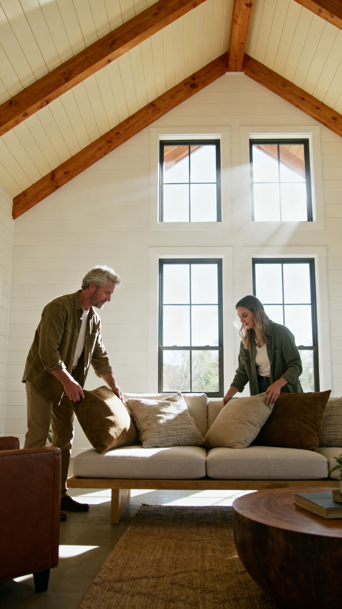 European couple arranging cushions under vaulted timber beam ceiling in a Georgia barndominium living room