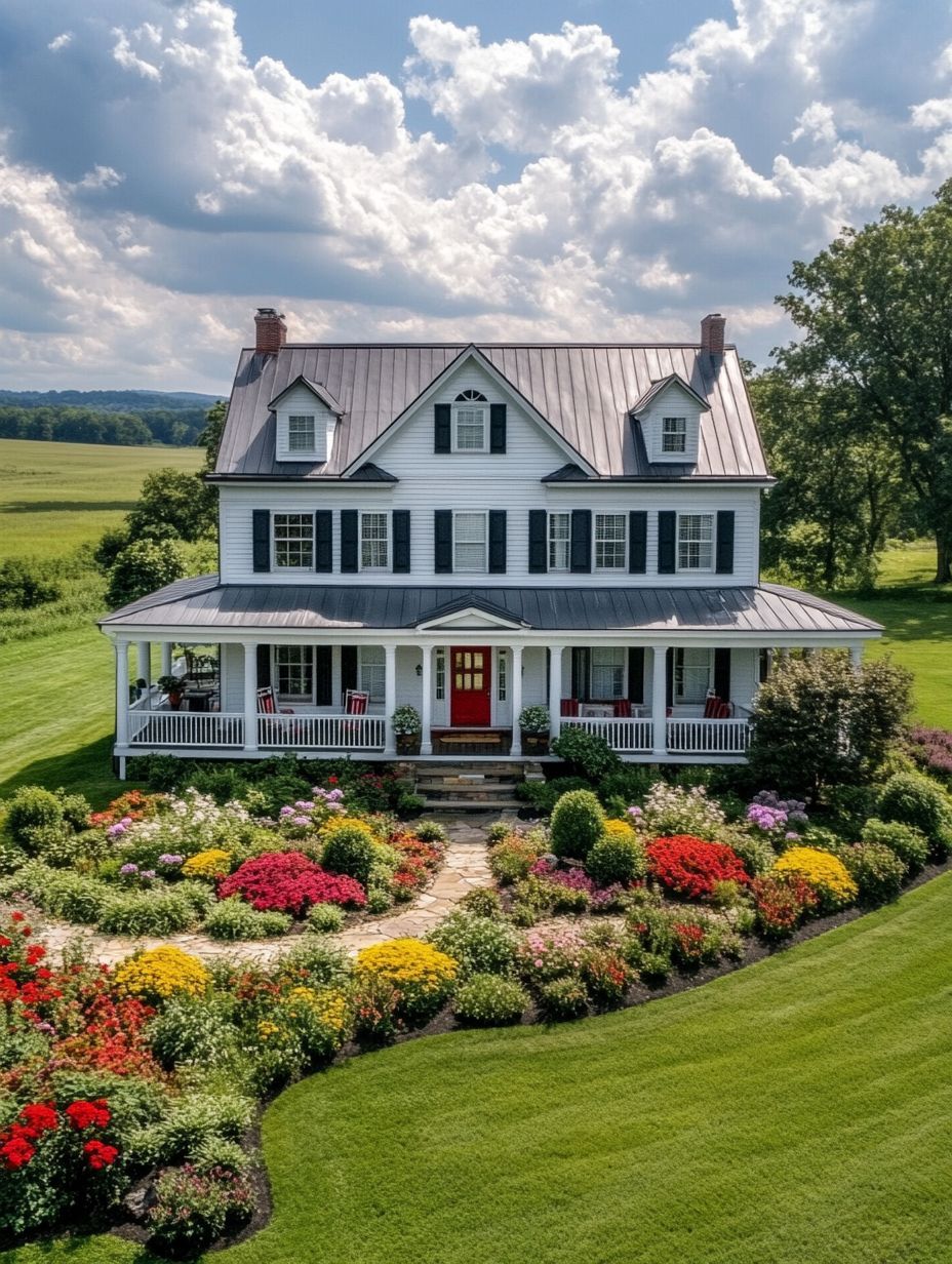A large white two-story house with a wraparound porch, black shutters, a metal roof, and a colorful, well-maintained flower garden in front, set in a green rural landscape.