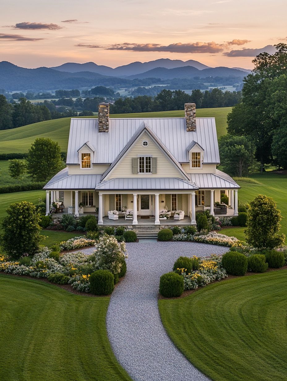 A white two-story house with a wraparound porch sits amid manicured gardens and lawns, with mountains and a sunset in the background.