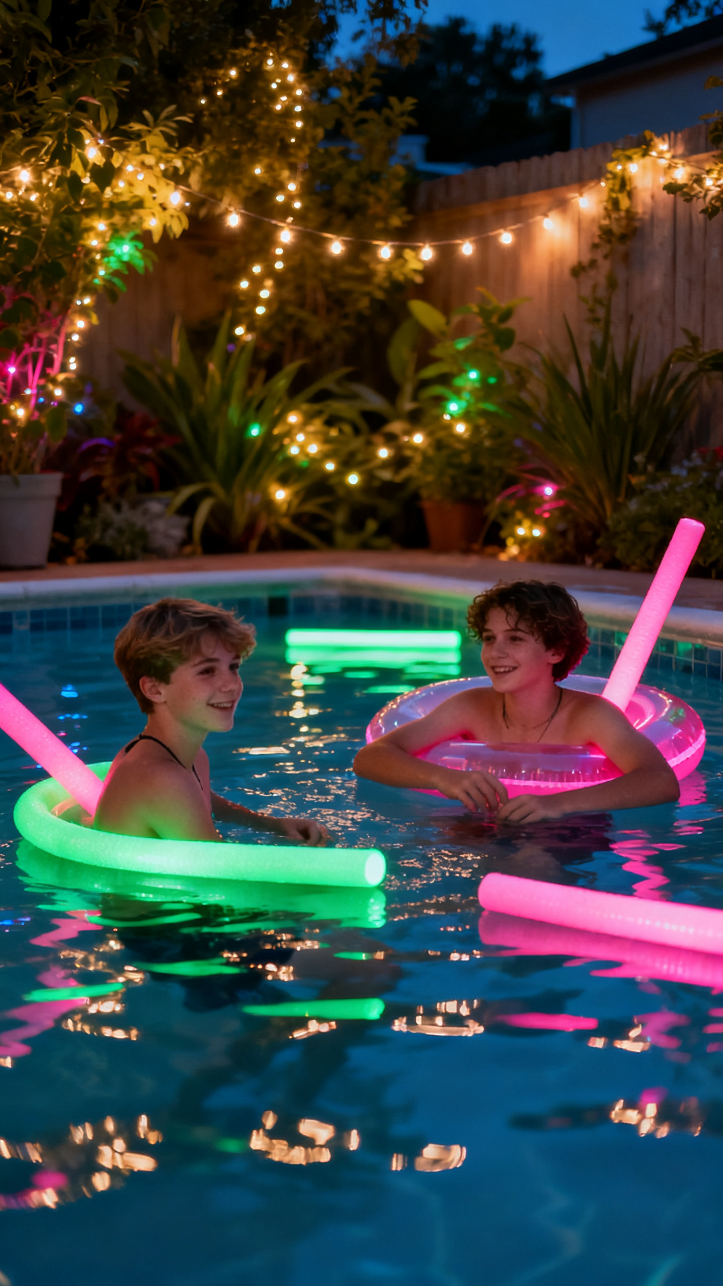 European teens enjoying a glow stick night swim in backyard pool