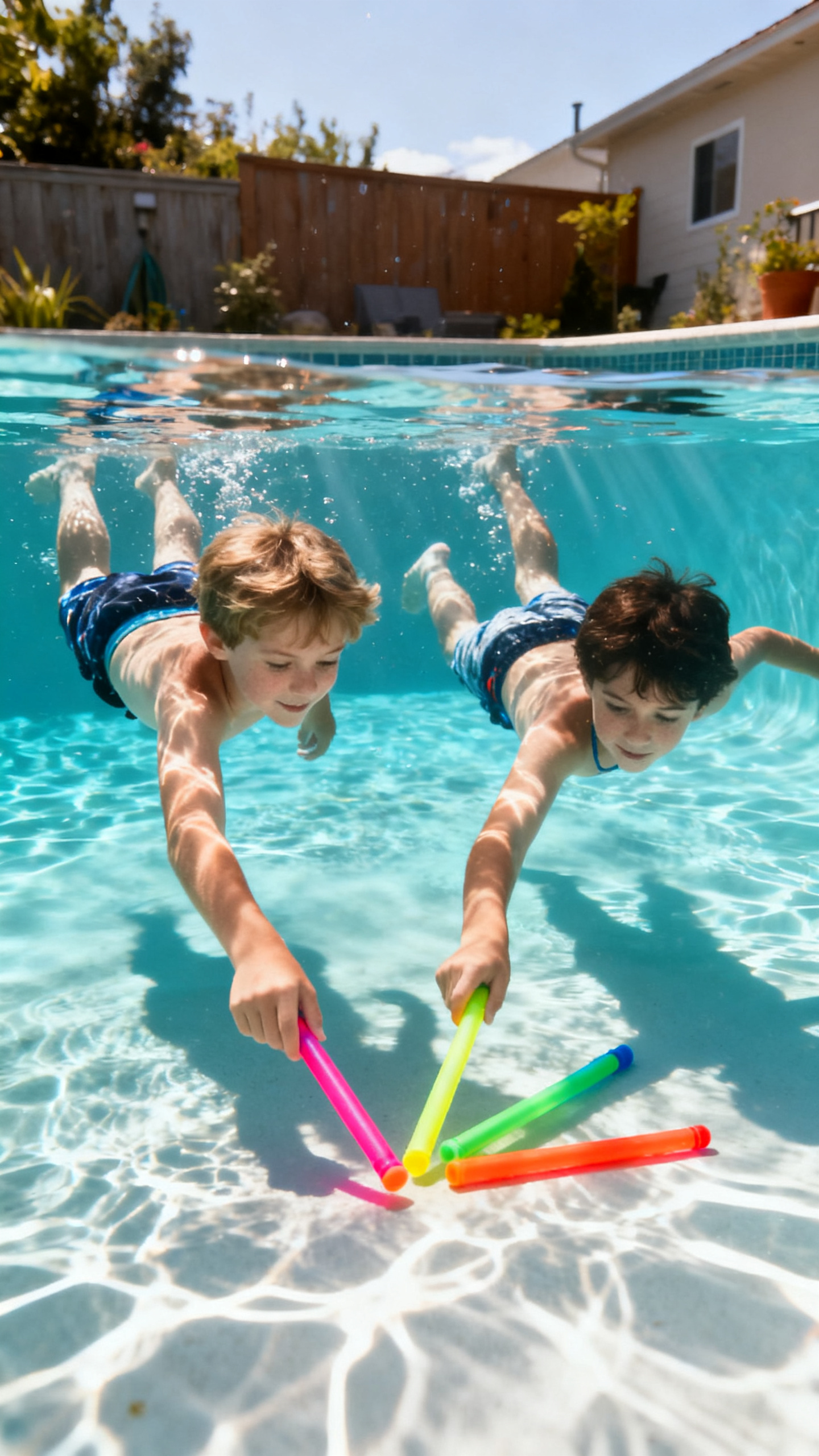European children diving in backyard pool to collect colored diving sticks