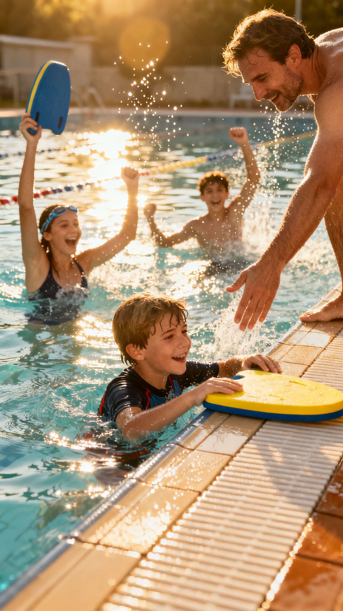 European family passing kickboards during pool relay race