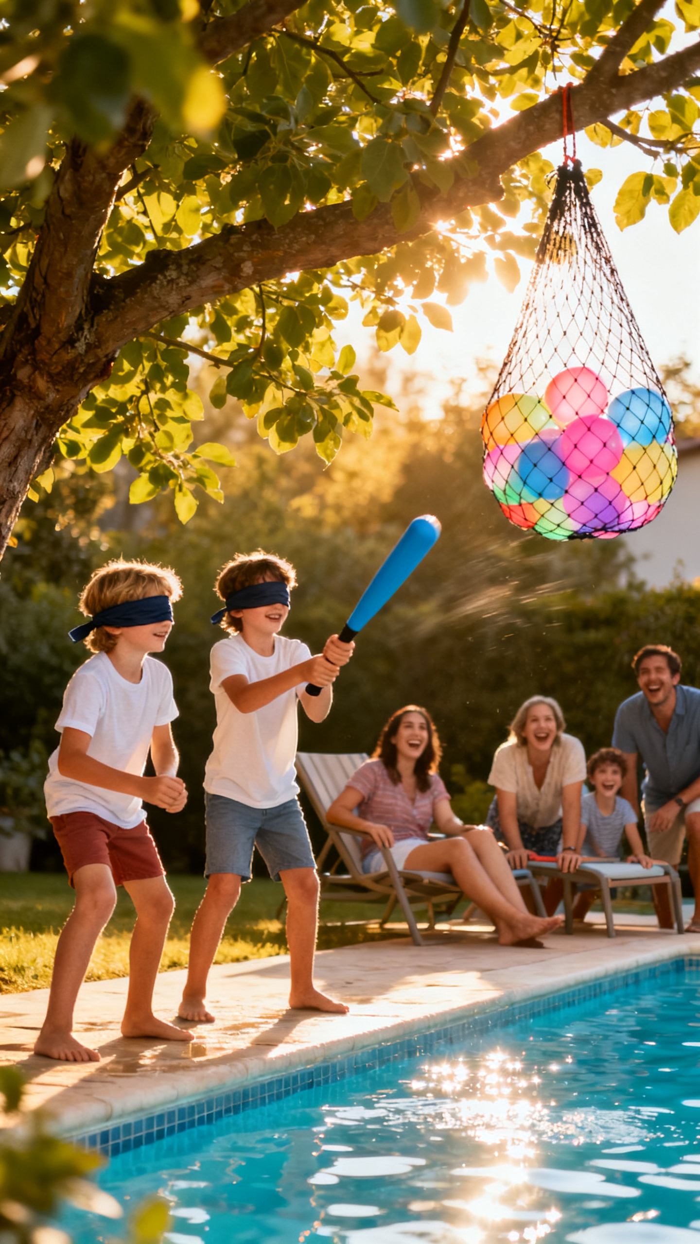 European kids playing water balloon pinata under tree near pool
