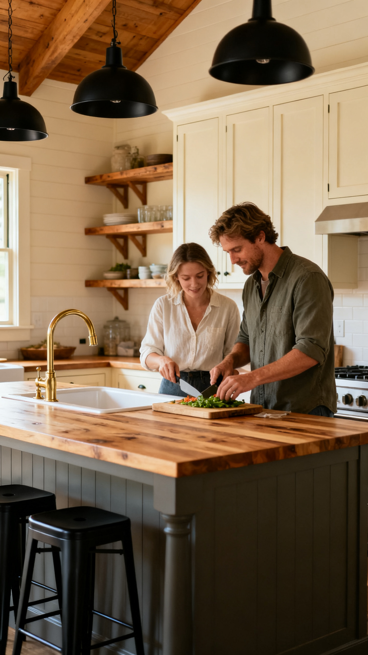 European couple cooking in a farmhouse kitchen with cream cabinets and butcher block island in a Georgia barndominium