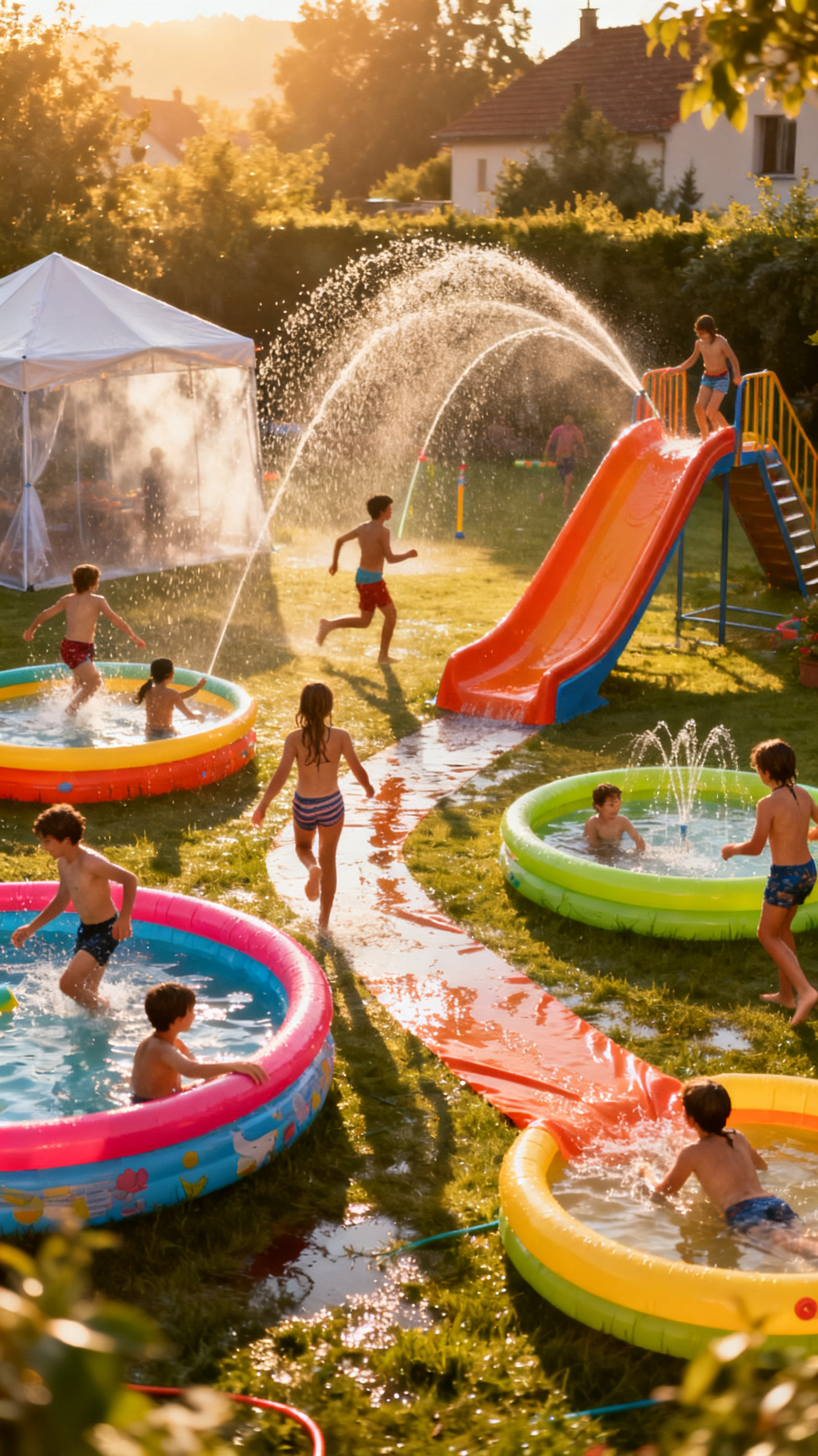 European backyard set up as mini water park with pools and sprinklers