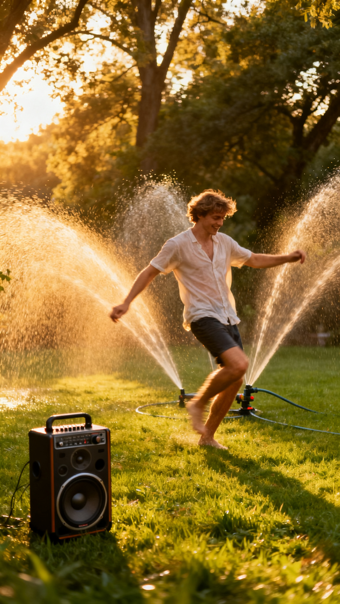 European teens dancing through a sprinkler on backyard lawn