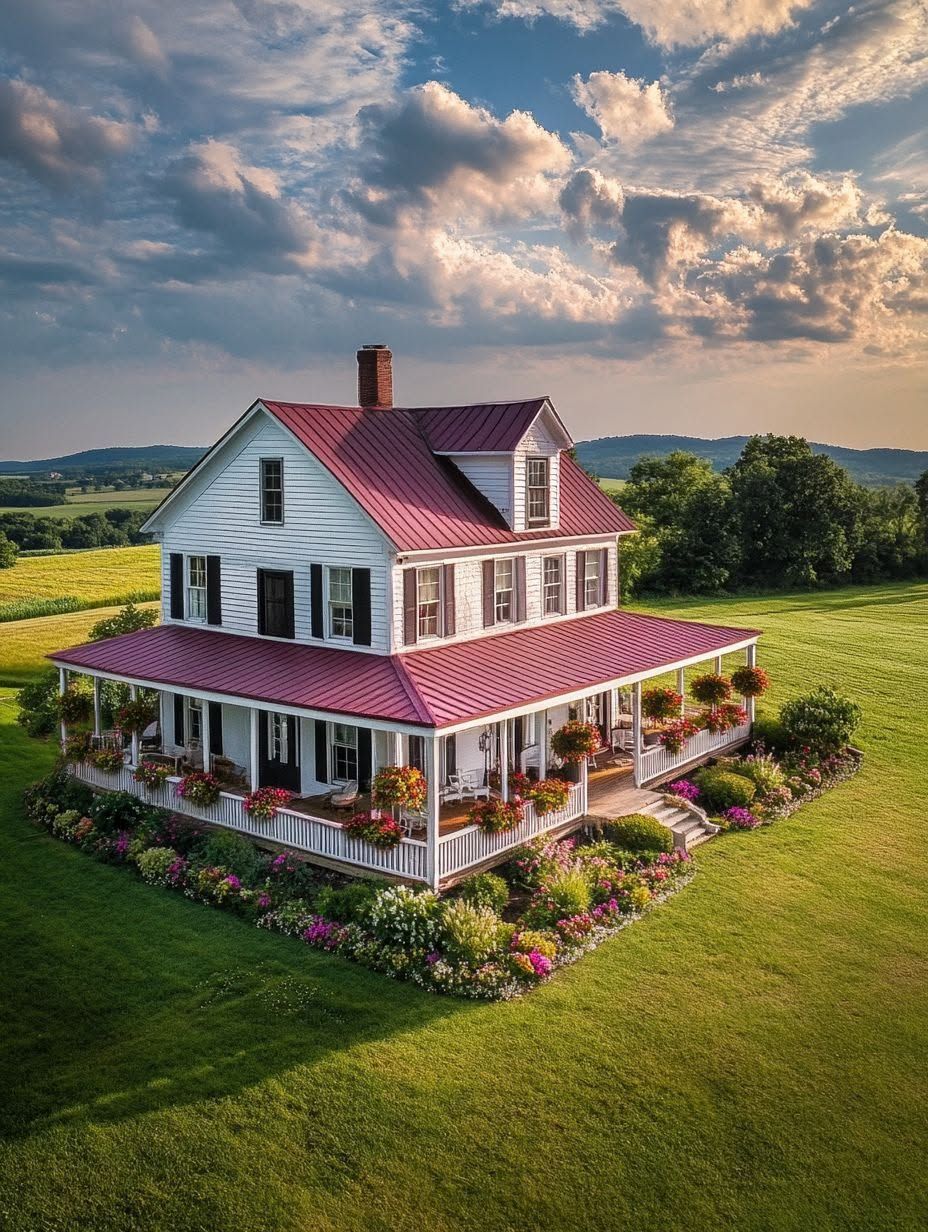 Two-story white farmhouse with a red metal roof and wraparound porch, surrounded by flowerbeds and green lawn, set in a rural landscape under a partly cloudy sky.