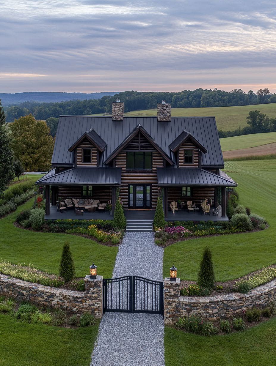 A two-story log cabin with a metal roof, large front porch, stone chimneys, and landscaped yard, set in a rural area with fields and trees, viewed from the front gate.
