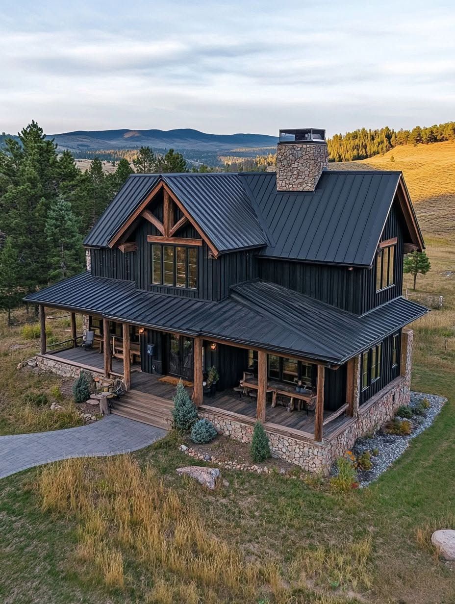 A two-story rustic house with dark wood siding, stone chimney, and a large wraparound porch, set in a rural landscape with trees and hills in the background.