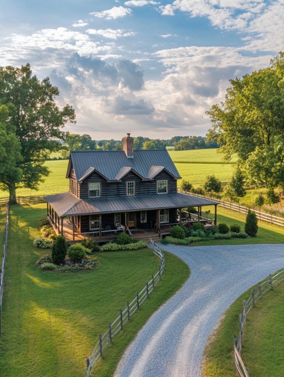 A two-story country house with a wraparound porch sits amid green fields, trees, and a gravel driveway under a partly cloudy sky.