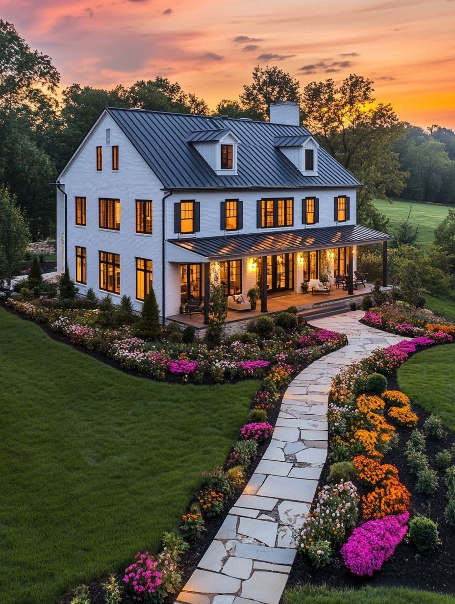 A white two-story house with black roof sits amidst a landscaped garden, featuring a stone path and colorful flowers, at sunset.