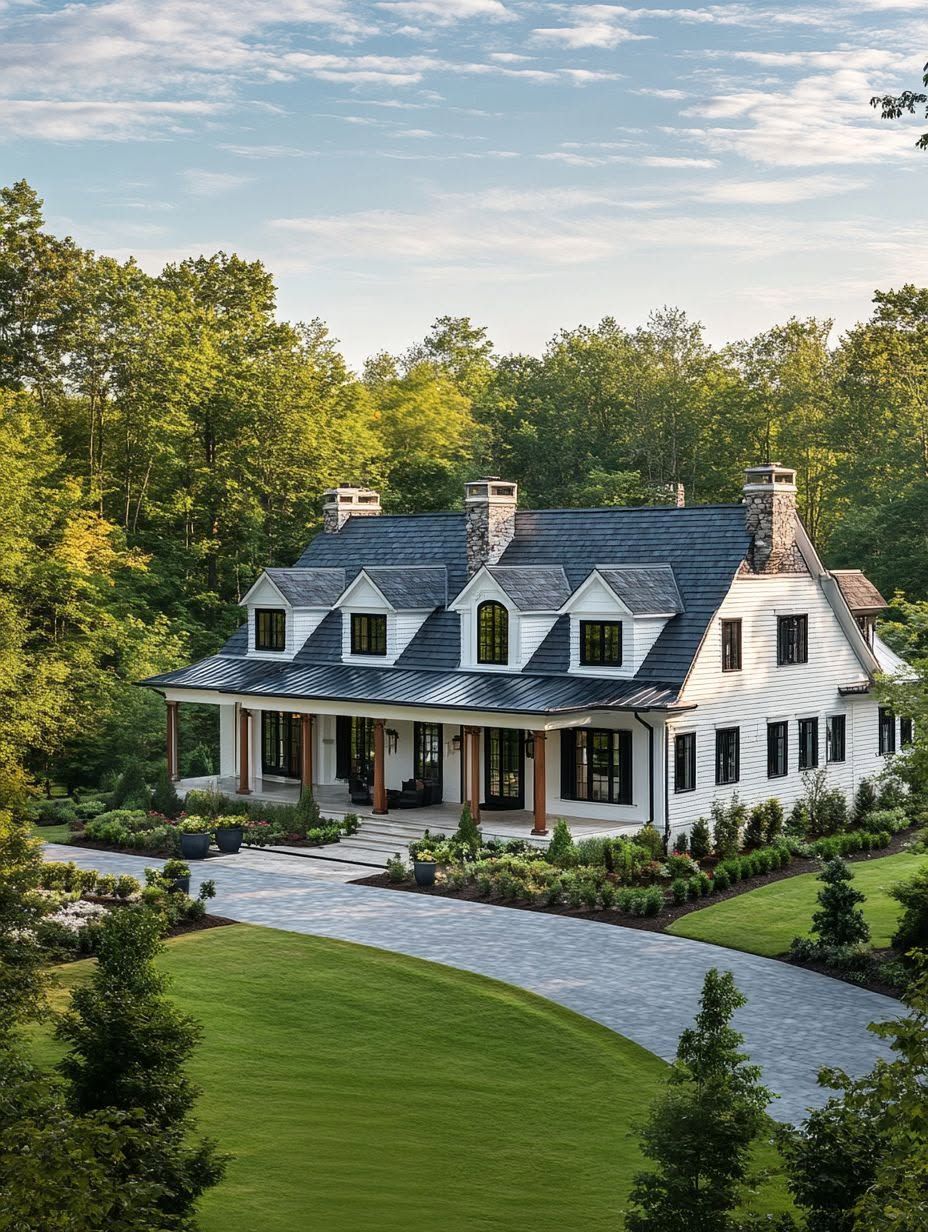 A two-story white house with a large front porch and dormer windows, surrounded by trees and a manicured lawn under a partly cloudy sky.