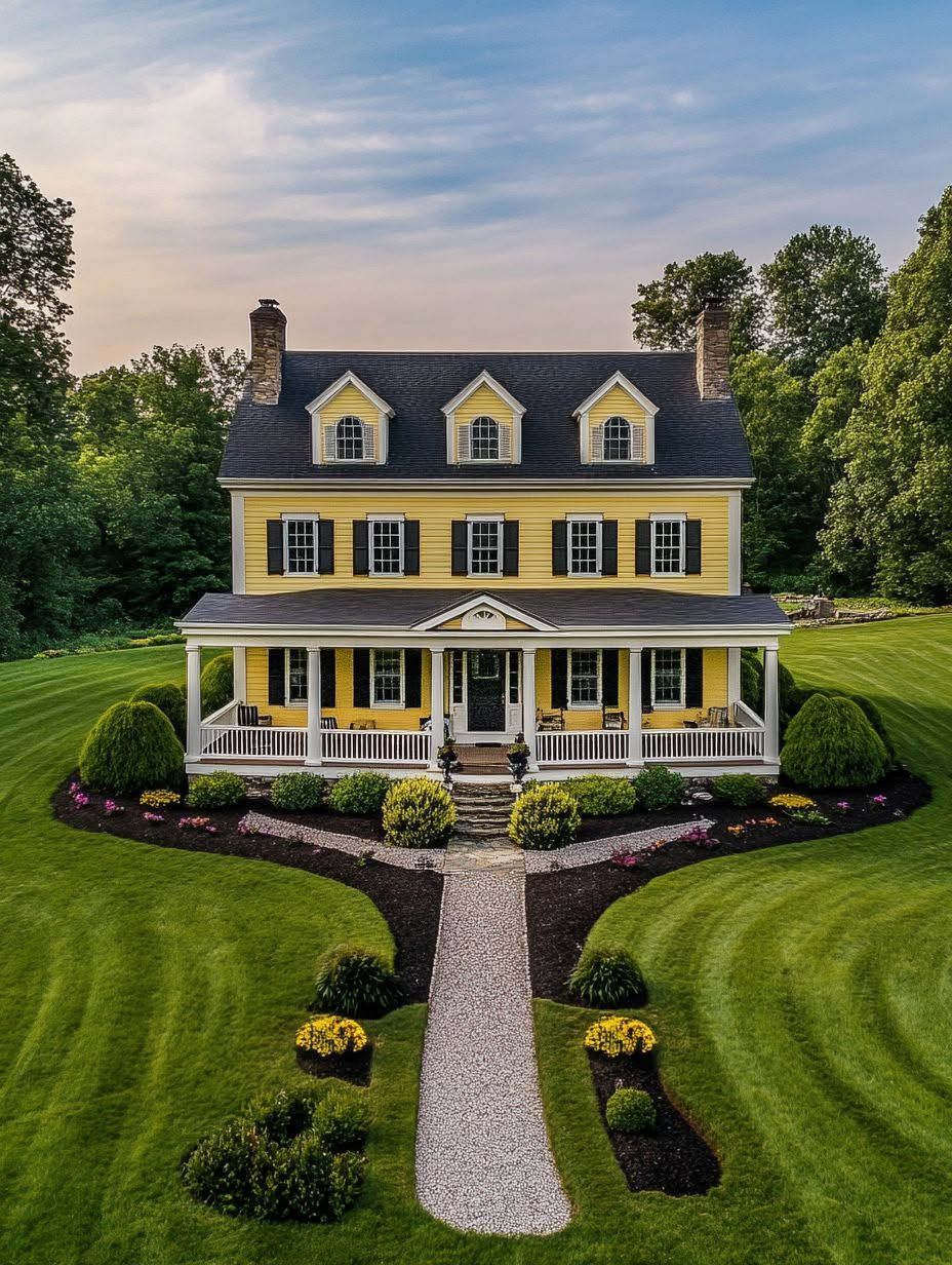 A yellow two-story house with white trim, dormer windows, and a wraparound porch, surrounded by manicured lawn, trees, and flowerbeds, viewed from above.