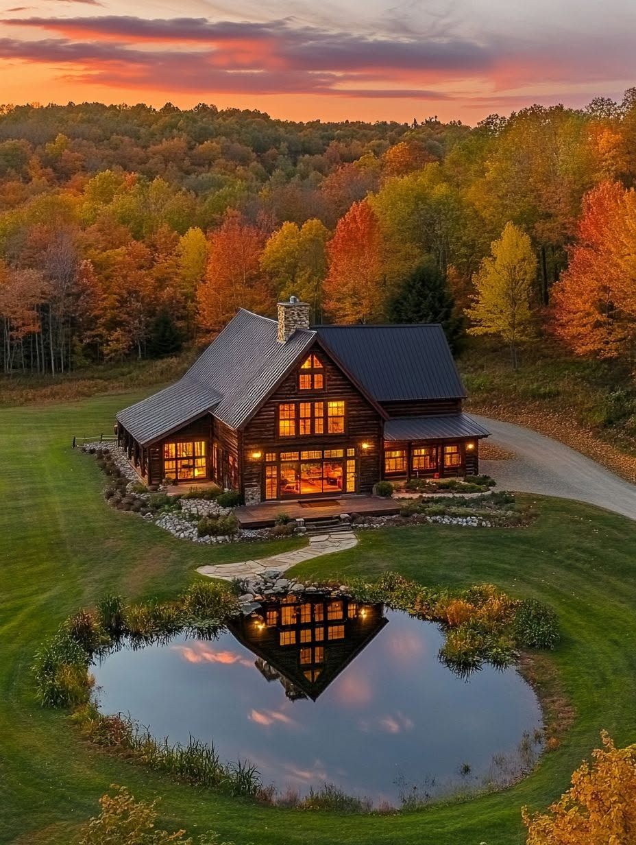 A wooden house with lit windows sits among autumn trees, with its reflection visible in a small pond in the foreground at sunset.