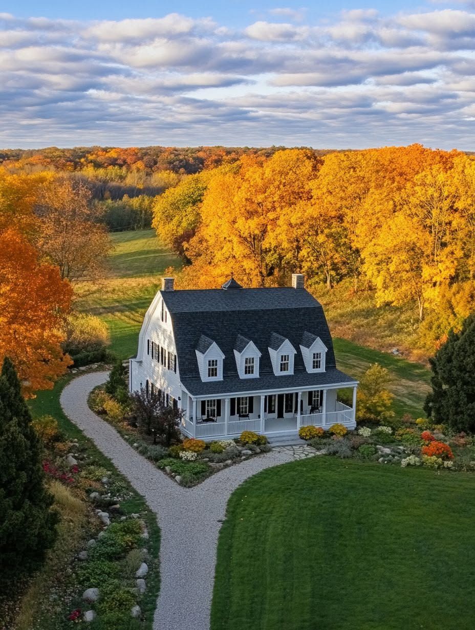 A white farmhouse with a wraparound porch is surrounded by a curved gravel driveway and vibrant autumn trees under a partly cloudy sky.