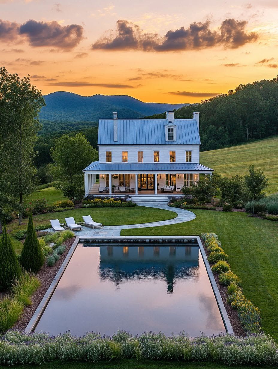 A white two-story house with a metal roof sits on a manicured lawn, featuring a rectangular pool in the foreground and hills in the background at sunset.