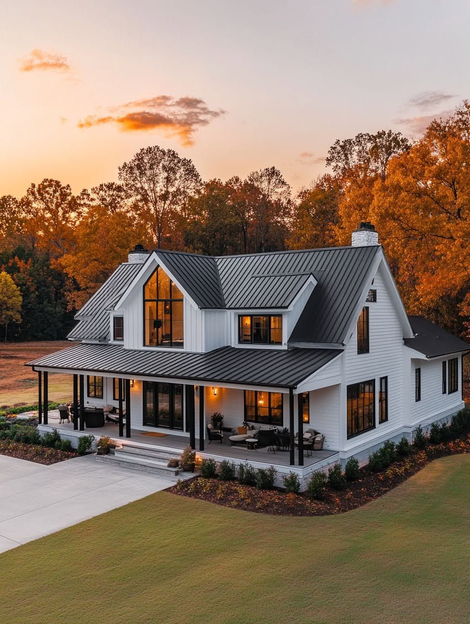 A modern white farmhouse with a black metal roof, large windows, a covered porch, and surrounding autumn trees at sunset.