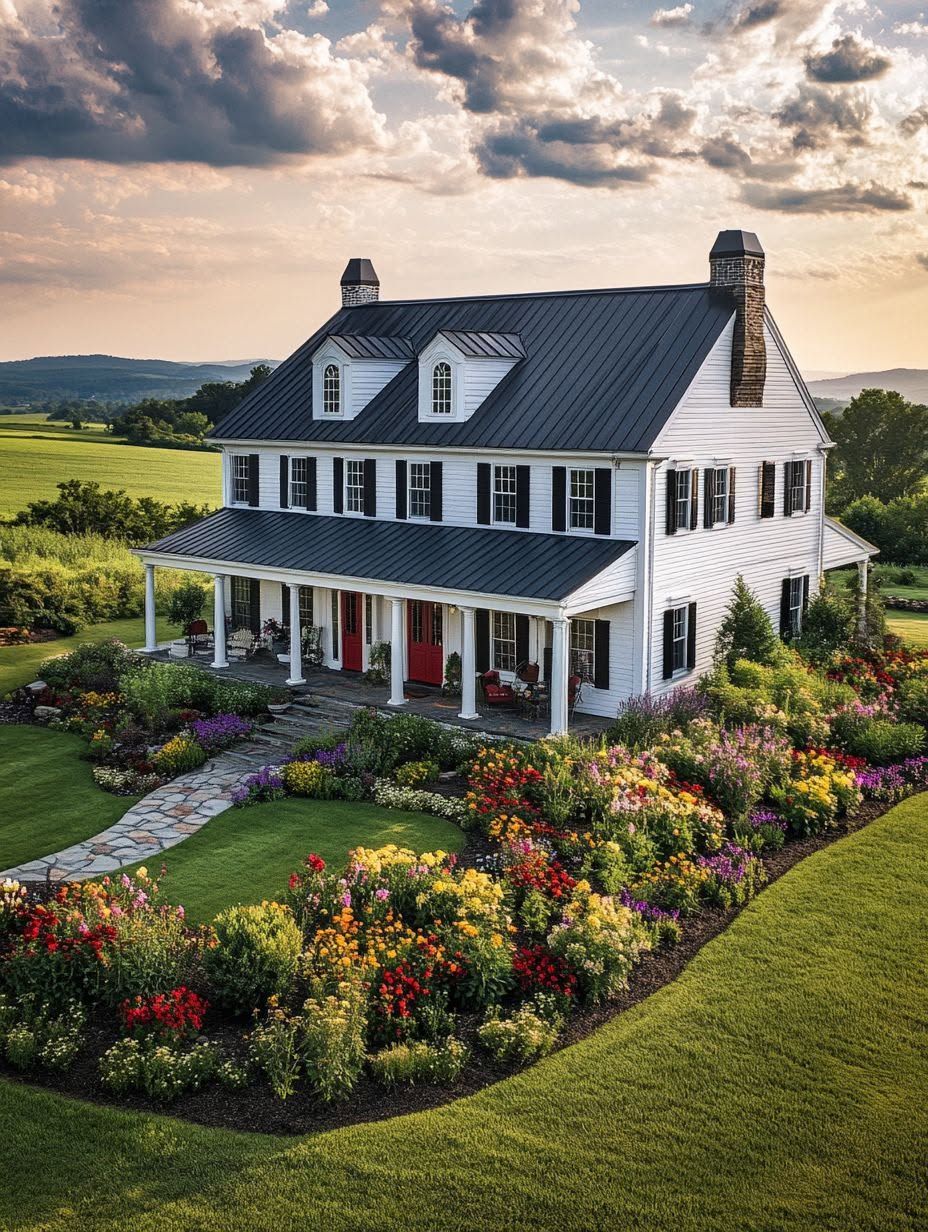 A large white two-story house with a black roof, red doors, and a wraparound porch, surrounded by colorful gardens and a well-kept lawn under a partly cloudy sky.
