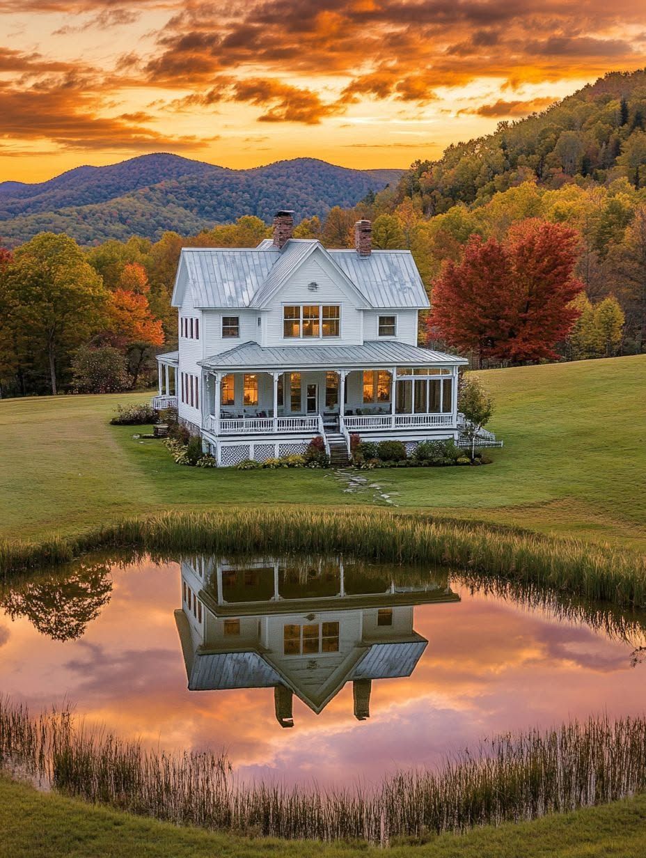 A white two-story house with a wraparound porch is reflected in a pond, surrounded by green lawn, autumn trees, and distant mountains at sunset.