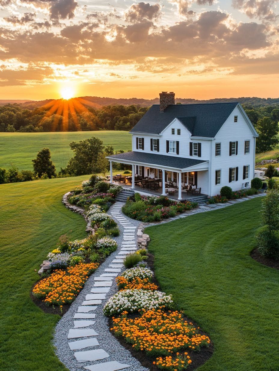 A white two-story farmhouse with a wraparound porch and garden sits on a green lawn at sunset, with a stone path leading to the front door.