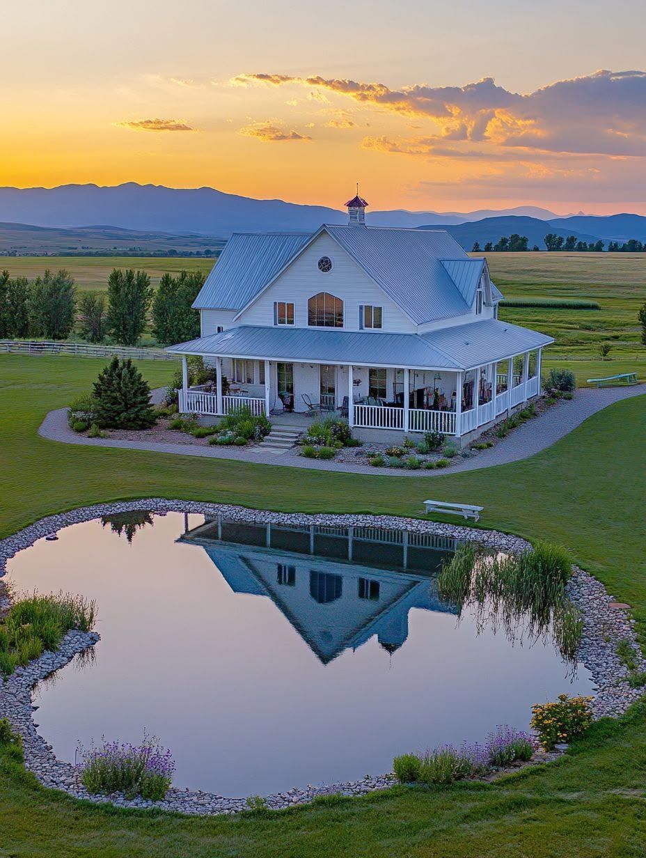 A white farmhouse with a wraparound porch is reflected in a small pond, surrounded by grass and fields, with mountains and a sunset sky in the background.