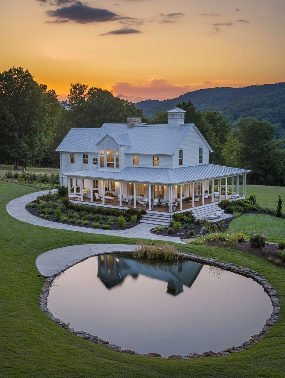 A modern white farmhouse with a wraparound porch sits beside a small pond, surrounded by green lawns and trees at sunset, with hills in the background.