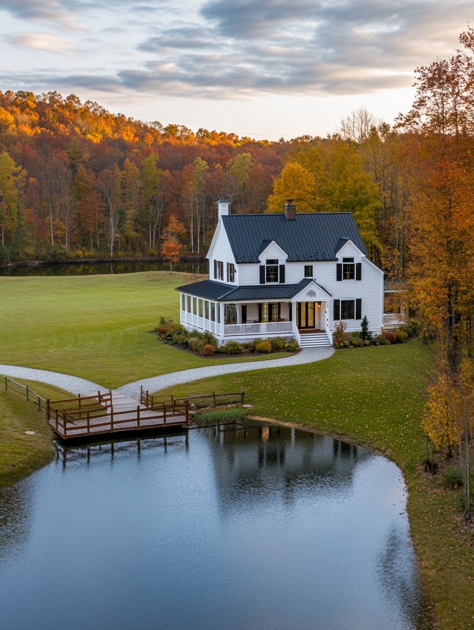 A white two-story house with a wraparound porch sits by a small pond, surrounded by autumn trees and a grassy lawn under a cloudy sky.