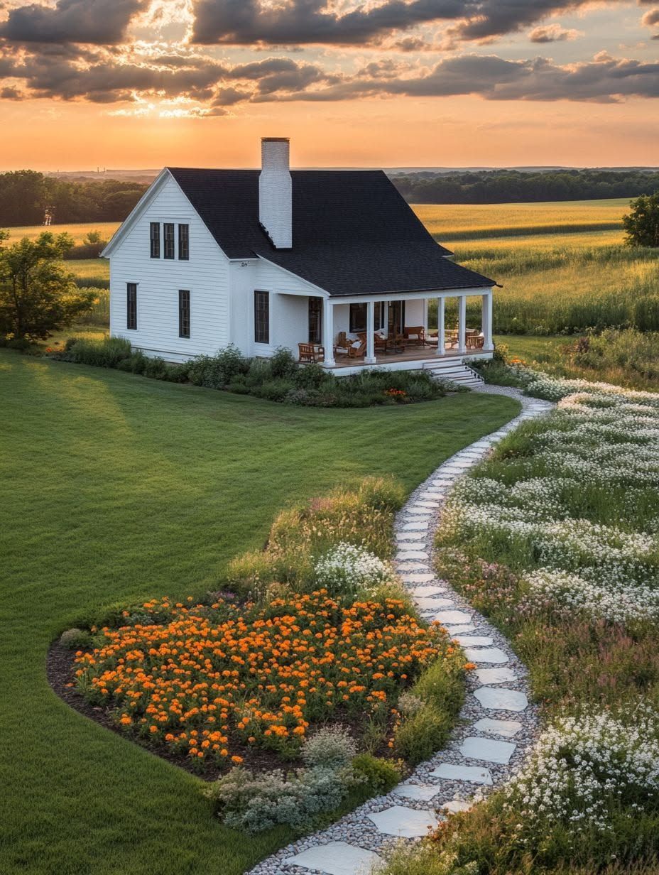 A white farmhouse with a porch sits beside a stone path, surrounded by green lawn, wildflowers, and fields at sunset.
