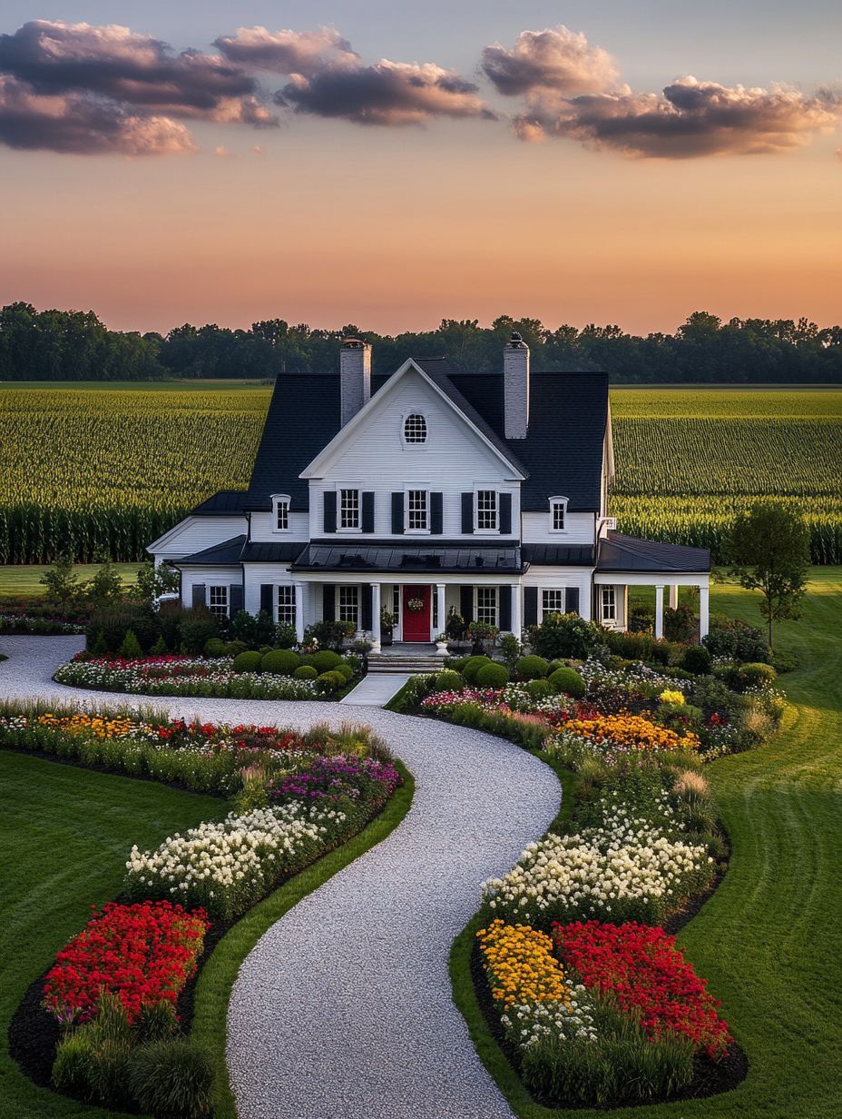 A large white house with a wraparound porch sits behind a curved gravel driveway and colorful flower beds, surrounded by fields under a sunset sky.