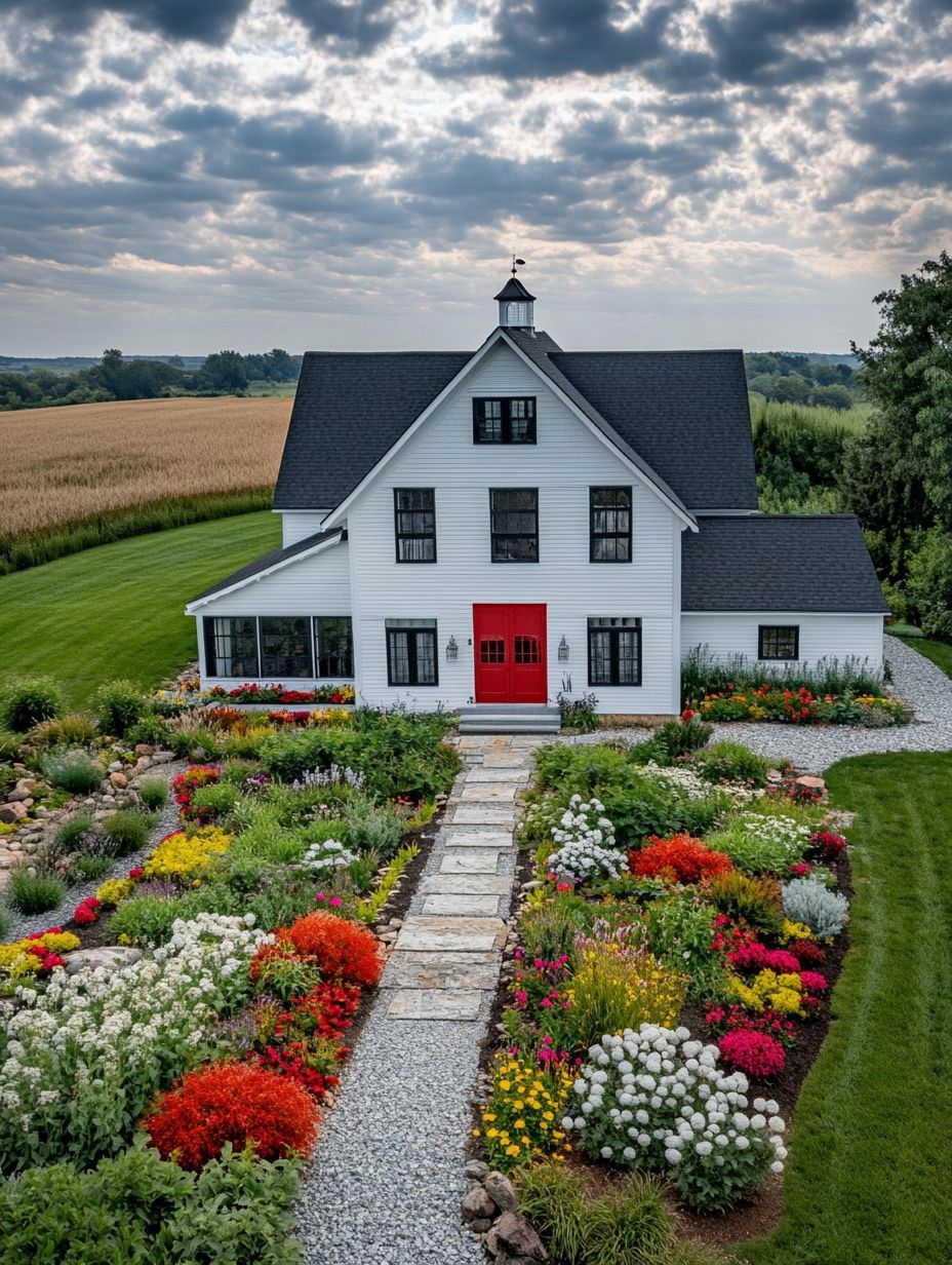 A white two-story house with a red door, surrounded by a colorful flower garden and a stone path, sits next to a grassy field under a partly cloudy sky.