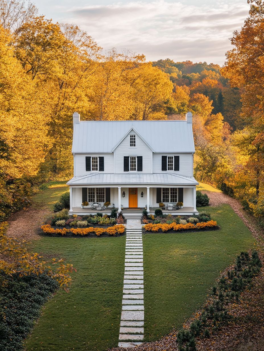 A white two-story house with a front porch sits amid autumn trees, with a stone path leading to the door and neatly trimmed lawns on either side.