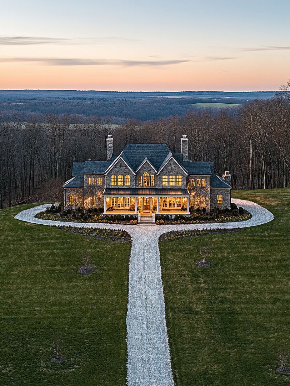 Large two-story house with lights on, surrounded by a circular driveway and expansive lawn, set against a backdrop of trees and a sunset sky.